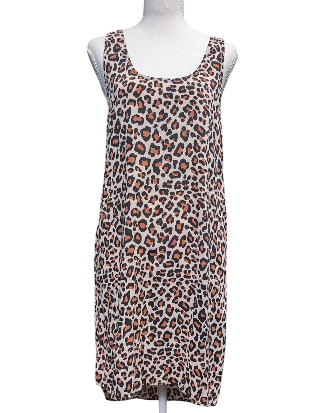 Leopard-Print Scoop Neck Slip Dress in Beige and Brown